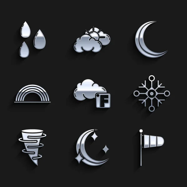 Set Fahrenheit e nube, stelle lunari, meteorologia del cono vento palude, Fiocco di neve, Tornado, Arcobaleno con nuvole, e icona goccia d'acqua. Vettore — Vettoriale Stock