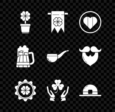 Dört yapraklı yoncayı tencereye koy, ve parti flaması, Heart Happy Saint Patrick günü, dört kapaklı şişe, insan el ele tutuşması, leprikon şapka, tahta bira bardağı ve tüten pipo ikonu. Vektör