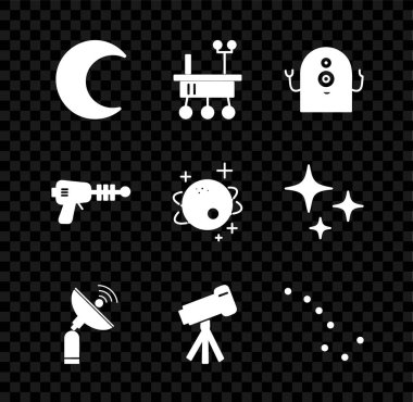 Ay ve yıldızlar, Mars gezgini, Uzaylı, Radar, Teleskop, Büyük Ayı takımyıldızı, ışın silahı ve gezegen ikonu. Vektör