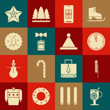 Bardakta şarap, havai fişek roketi, saat, akıllı telefon hediye kutusu, fiyat etiketi indirimi, bisküvi çikolatası, Noel yıldızı ve Noel Baba şapkası ikonu. Vektör