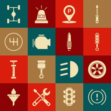 Fren sistemi uyarısı, araba tekerleği, şok emici, park yeri, kontrol motoru, vites kolu, Chassis arabası ve buji ikonu. Vektör