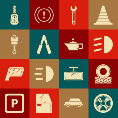 Araba tekerleği, yüksek ışın, İngiliz anahtarı, batarya şarj güç kablosu, motor pistonu, uzaktan kumandalı anahtar ve motor yağı ikonu için teneke kutu. Vektör