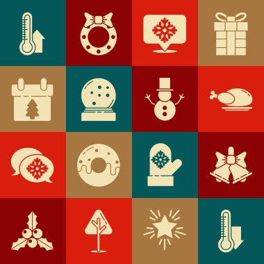 Meteoroloji termometresi ayarlayın, Mutlu Noeller zil, kızarmış hindi tavuk, konuşma balonlu kar tanesi, kar küresi düşen kar, takvim ve kardan adam ikonu. Vektör