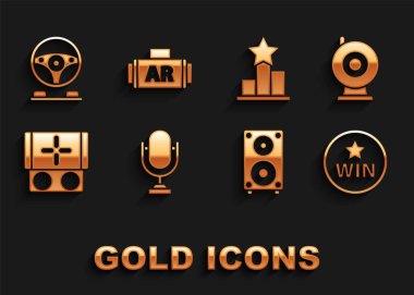 Mikrofonu, web kamerasını, Medal 'i, Stereo hoparlörünü, taşınabilir video oyun konsolunu, Star' ı, Yarış simülatörü kokpitini ve Ar 'ı ayarla, artırılmış gerçeklik simgesi. Vektör