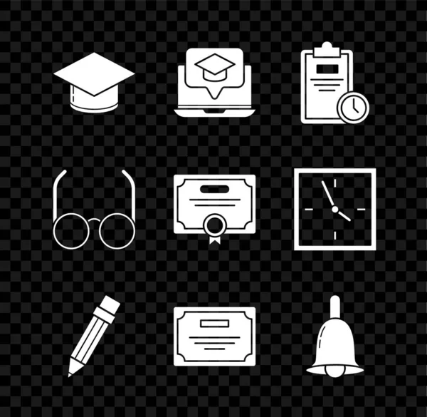 Set Graduation cap, scherm laptop, Examen blad met klok, Potlood gum, Certificaat sjabloon, rinkelende bel, glazen en pictogram. Vector — Stockvector