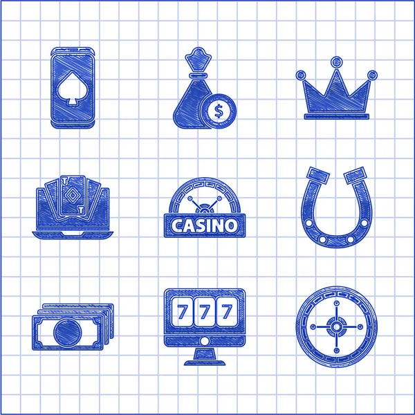 Set Casino cartello, slot machine online con fortunato sette jackpot, ruota della roulette, ferro di cavallo, Pile denaro contante carta, poker tavolo da gioco, Corona e icona. Vettore — Vettoriale Stock