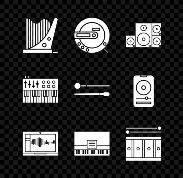 Set Harp, Music CD player, Stereo speaker, Sound or audio recorder on laptop, Piano, Drum with drum sticks, synthesizer and icon. Vector — Stock Vector