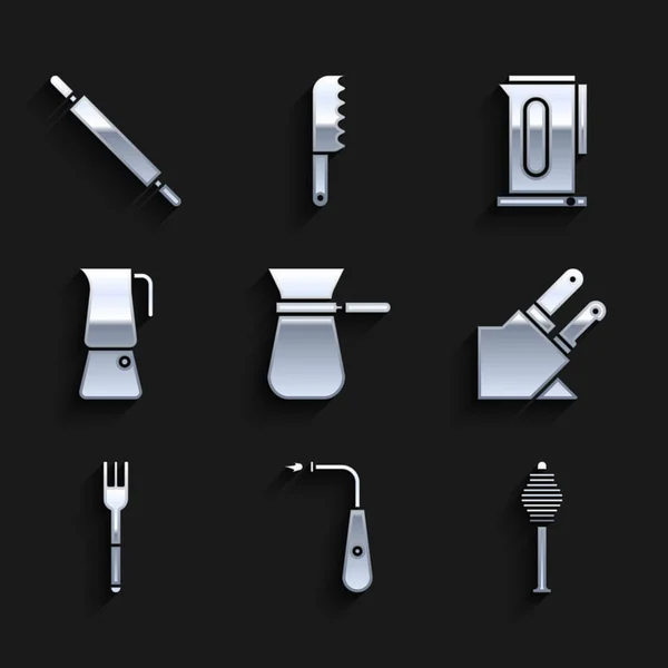 Set Kaffe turk, Lång elektrisk tändare, Honey dipper stick, kniv, gaffel, Moka pott, Vattenkokare med handtag och Rolling pin ikon. Vektor — Stock vektor