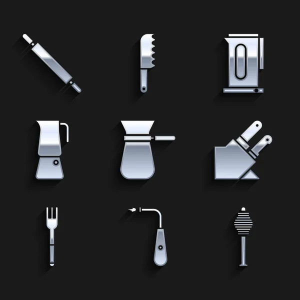 Set Café turco, Encendedor eléctrico largo, Barra de miel, Cuchillo, Tenedor, Moka pot, Hervidor con mango e icono de rodillo. Vector — Vector de stock