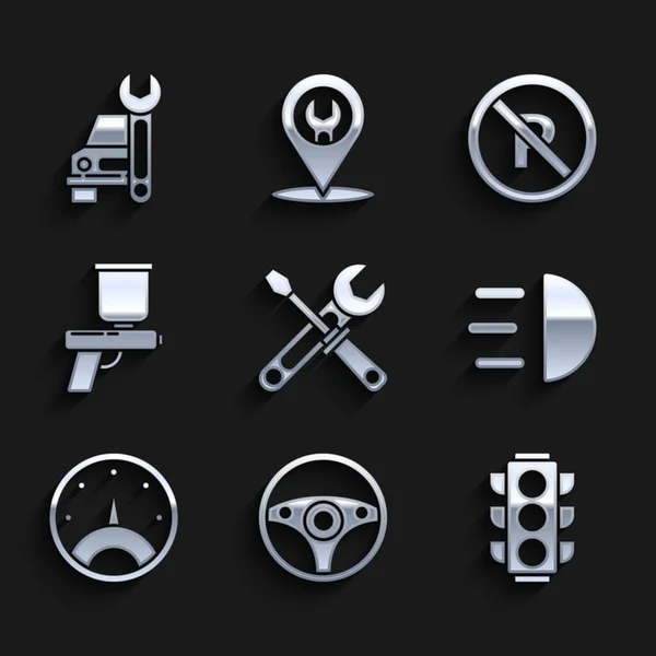 Set Screwdriver and wrench tools, Steering wheel, Traffic light, High beam, Speedometer, Paint spray gun, No Parking or stopping and Car service icon. Vector — Stock Vector