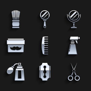 Saç fırçası, jilet, makas kuaförü, kuaför tabancası sprey şişesi, atomlu tıraş losyonu losyonu kozmetik kavanozu, yuvarlak makyaj aynası ve tıraş ikonu. Vektör