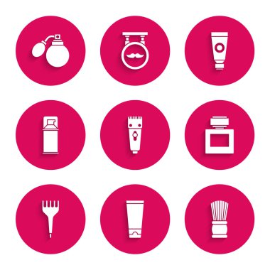 Elektrikli saç makası ya da tıraş makinesi, krem losyonu kozmetik tüp, tıraş fırçası, tıraş losyonu, saç fırçası, jöle köpüğü ve atom ikonu olan şişe. Vektör