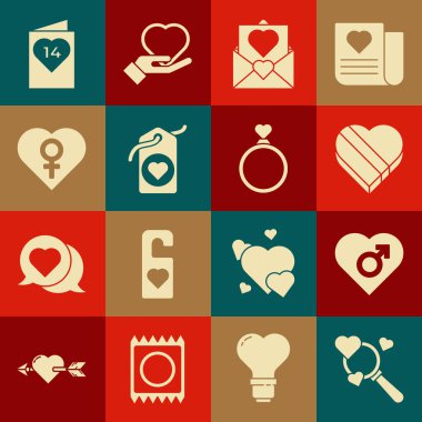 Arama Kalbini ve Aşkı Ayarla, Erkek Cinsiyeti Olan Kalp Şekerleme Kutusunda Şekerleme, Zarf Sevgililer Günü etiketi, Kadın, Sevgililer Günü broşürü ve Alyans ikonu. Vektör