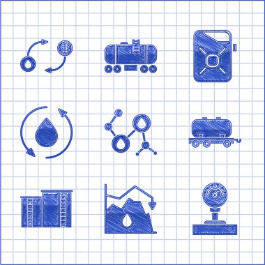 Molekül yağını ayarlayın, ham fiyatı düşürün, ölçeği ölçün, yağ deposu, endüstriyel fabrika binası, damla, motor ve takas ikonu için kutu. Vektör
