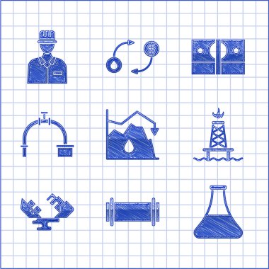 Ham petrol fiyatlarında düşüş, endüstriyel boru, petrol test tüpü, ateşle donatılmış tanker gemisi ve valf, kağıt para ve petrol ikonu. Vektör