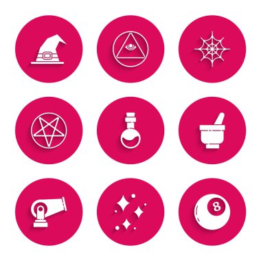 Aşk iksiri şişesi, parıldayan yıldızlar sihirli parıltı, sihirli kehanet topu, havan topu ve tokmak, top, daire şeklinde pentagram, örümcek ağı ve cadı şapkası ikonu. Vektör