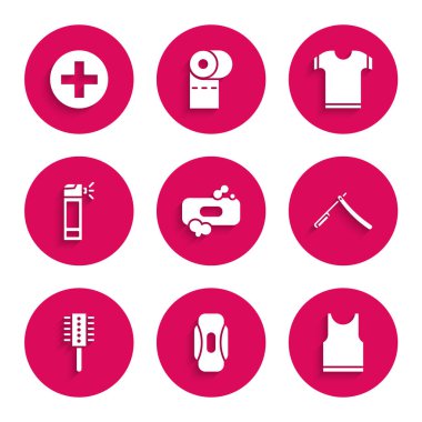 Bir kalıp sabun, hijyenik peçete, kolsuz tişört, jilet, saç fırçası, enjektör spreyli şişe ve Cross hastanesi tıbbi ikonu. Vektör