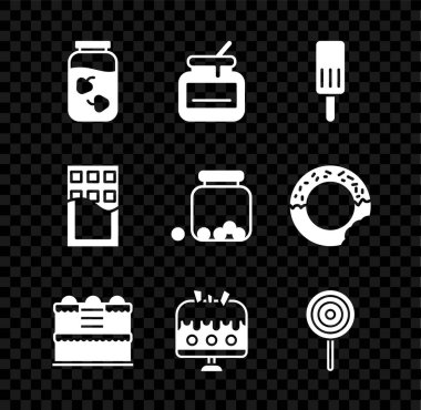 Çilek reçel kavanozu, bal kavanozu, dondurma, pasta, tabak, lolipop, çikolata ve ikonun içinde şekerleme olan bardaklar. Vektör