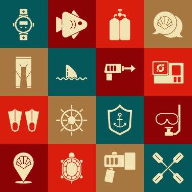 Paddle, Dalış maskesi ve şnorkel, aksiyon kamerası, Aqualung, Köpekbalığı yüzgeci okyanus dalgası, dalış kıyafeti, saat ve balıkçı zıpkını ikonu. Vektör