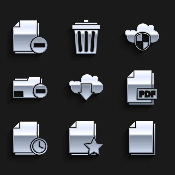 Définir le téléchargement Cloud, Document avec étoile, document PDF, horloge, dossier moins, et le bouclier et l'icône. Vecteur — Image vectorielle