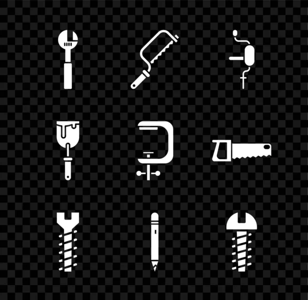 Set Einstellschlüssel, Hacksaw, Bohrmaschine, Metallschraube, Bleistift mit Radiergummi, Putty Messer und Klemmwerkzeug-Symbol. Vektor — Stockvektor