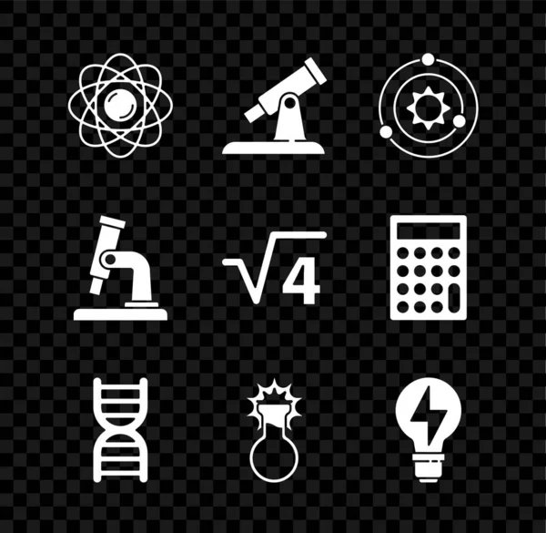 Набор Атом, Телескоп, Солнечная система, Символ ДНК, Пробирка и фартук, Лампочка с подсветкой, Квадратный корень из 4 глифосовых иконок. Вектор — стоковый вектор