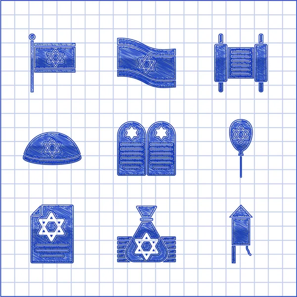 Установите надгробие со звездой Давида, еврейский денежный мешок, фейерверк ракеты, воздушный шар, Тора свиток, кипа, и флаг Израиля значок. Вектор — стоковый вектор