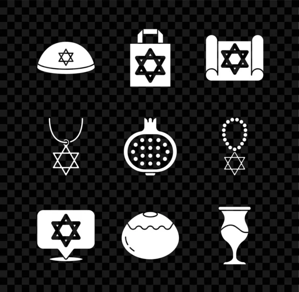 유대인 키파를 설정하고, 쇼핑 가방에 다비드, 토라 두루마리, 스타 데이비드, 달콤 한 제과점, 고블 렛, 체인에 목걸이, 피치 아이콘을 넣는다. Vector — 스톡 벡터