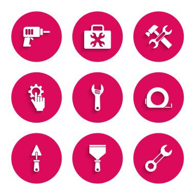 Ayarlanabilir anahtar, macun bıçağı, anahtarlık, rulet inşaatı, mala, elde ayarlar, çekiç ve elektrikli matkap ikonu. Vektör