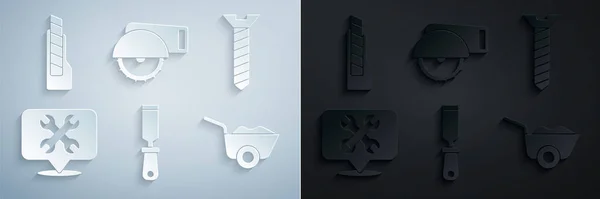 Set archivo de metal Rasp, tornillo metálico, ubicación con llave inglesa, carretilla de ruedas, sierra circular eléctrica e icono del cuchillo de papelería. Vector — Vector de stock