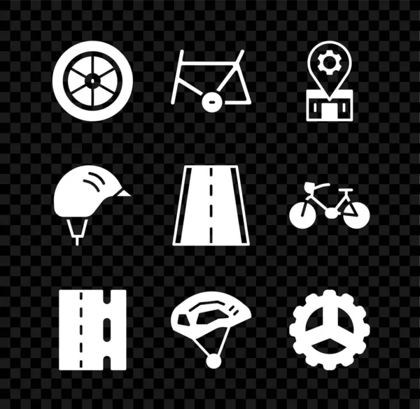 Набор велосипедного колеса, рамы, ремонта, полосы движения, шлема, звездочки и значка. Вектор — стоковый вектор