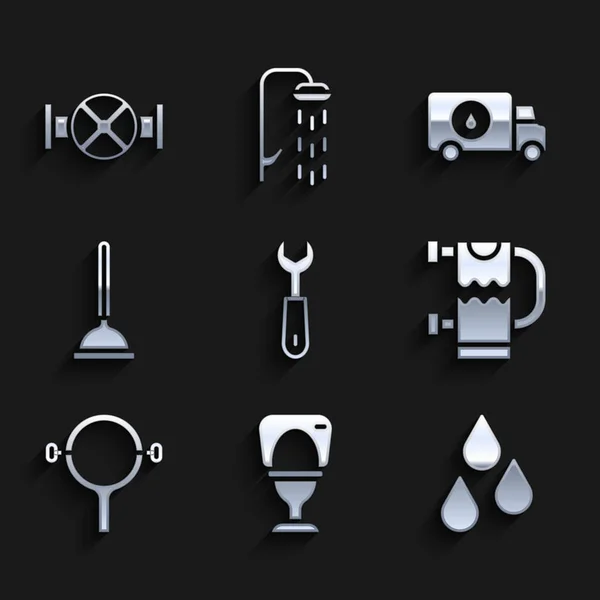 Set Schraubenschlüssel, Toilettenschüssel, Wassertropfen, beheizte Handtuchhalter, Filterschlüssel, Gummikolben, Klempner Service-Auto und Industrie-Rohr und Ventil-Symbol. Vektor — Stockvektor