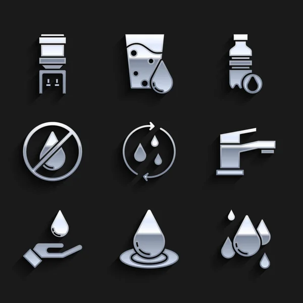 Set Reciclar agua limpia, Gota de agua, grifo, Lavarse las manos con jabón, prohibido, Botella de agua y el icono del refrigerador. Vector — Vector de stock