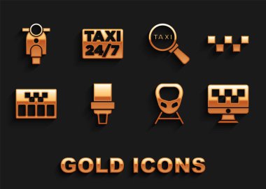 Emniyet kemeri, taksi çatısı, bilgisayar taksi servisi, hızlı tren, taksimetre, büyüteç ve ikonlu Scooter ve konum ayarlayın. Vektör