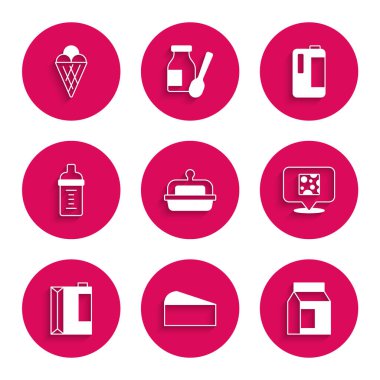 Tereyağını tereyağına çevir, Peynir, Kağıt paketi, süt, kefir, bebek şişesi, süt plastiği ve dondurma külahı. Vektör