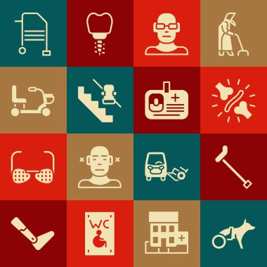 Tekerlekli sandalyede oturan köpek, baston bastonu, eklem ağrısı, diz ağrısı, görme bozukluğu, engelli asansör, elektrik, yürüteç ve kimlik kartı ikonu. Vektör