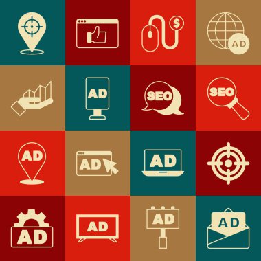 Reklamcılığı, Hedefi, SEO optimizasyonunu, Pasta grafiğini ve simgeyi ayarla. Vektör