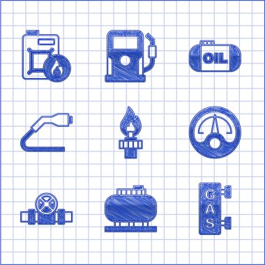 Petrol platformunu yangın, depolama, benzin istasyonu, motor benzin göstergesi, metal borular ve valf, elektrik kablosu şarj edicisi ve motor yağı ikonu için teneke kutuya ayarlayın. Vektör