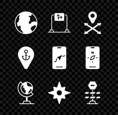 Dünya küresi, trafik işareti, konum, rüzgar yükselmesi, bariyer, çapa ve şehir haritası ikonu. Vektör