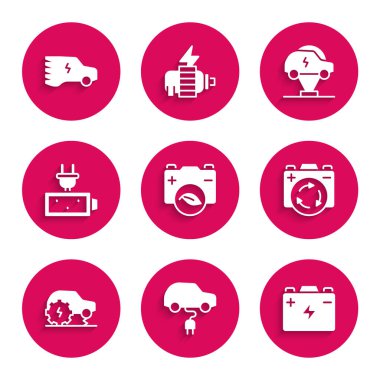 Çevre yaprağı pili, elektrikli araba, araba, geri dönüşüm sembollü pil, servis, şarj ve ikon ayarla. Vektör