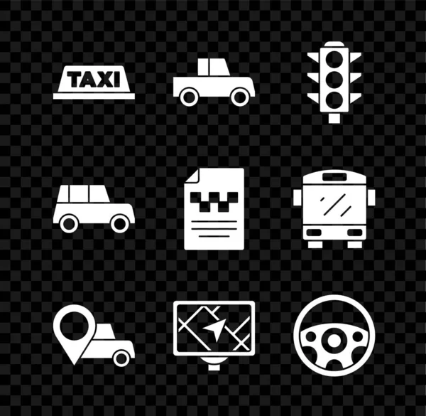 Set Taxi car roof, Car, Traffic light, Location with taxi, Gps device map, Steering wheel, and driver license icon. Vector — Stock Vector