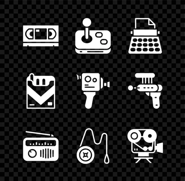 Set VHS-Videokassette, Joystick, Retro-Schreibmaschine, Radio mit Antenne, Yoyo-Spielzeug, Kinokamera, Zigarettenpackung und -symbol. Vektor — Stockvektor