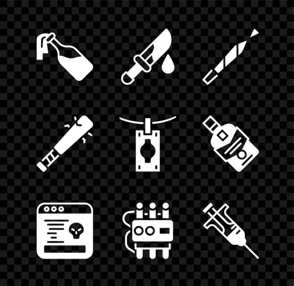 Set Cocktail molotov, Bloody mes, marihuana joint, System bug, Dynamite en timer klok, Spuit, Honkbal knuppel met nagels en het witwassen van geld pictogram. Vector — Stockvector