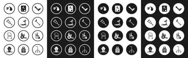 Set Jambe de prothèse, machine à tapis roulant, béquille ou béquilles, prothèse auditive, canne à pied, rayons X, femme en fauteuil roulant et icône Walker. Vecteur — Image vectorielle
