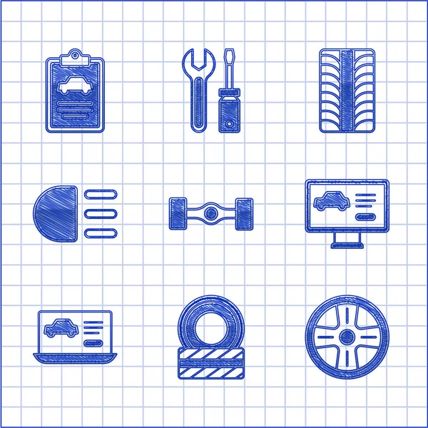 Set Chassi bil, Bildäck hjul, Legering, Diagnostik tillstånd, Halvljus, och inspektion ikon. Vektor — Stock vektor