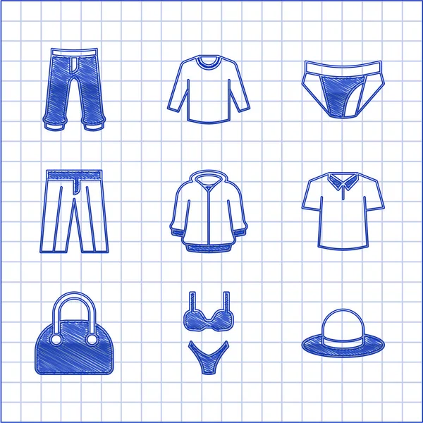 Комплект Hoodie, купальник, мужская шляпа, сумка, брюки, мужские трусы и значок. Вектор — стоковый вектор