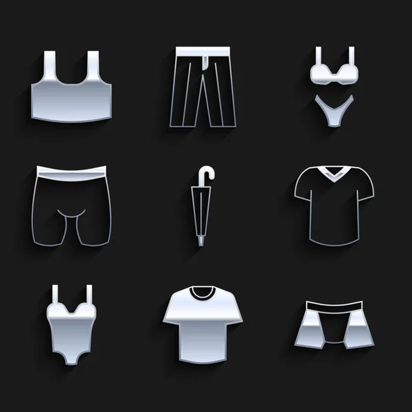 Set Paraguas, Camiseta, Calzoncillos de hombre, Bañador, Pantalones cortos de ciclismo e Icono de la camiseta. Vector — Vector de stock