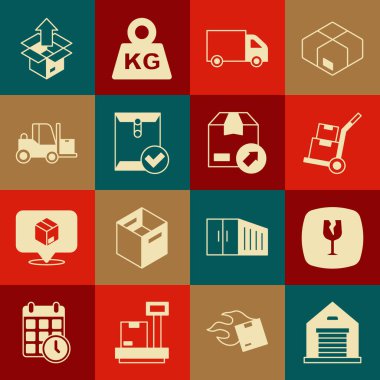 Depo, kırılgan cam, el arabası ve kutular, teslimat kargo, zarf onay damgası, forklift, Unbox ve karton simge. Vektör