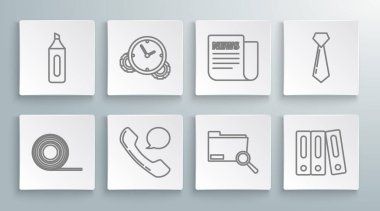 Satır Scotch, Time Management, Telefon ahizesi ve konuşma balonu sohbeti, klasörlü arama konsepti, ofis dosyaları belgeleri, News, Tie ve Marker kalem simgesi. Vektör