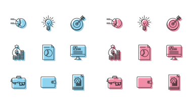 Çanta ve para, Cüzdan, Pasta grafiği, Belge, Bilgisayar monitörü özgeçmişi, Para çantası parası ve ampul ışınları fikir simgesi konsepti. Vektör